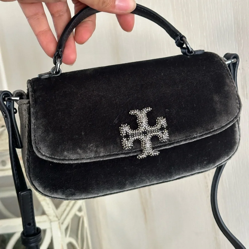 Tory Burch New Tory Burch BRITTEN VELVET JEWELED MINI TOP HANDLE  THUNDERCLOUD /